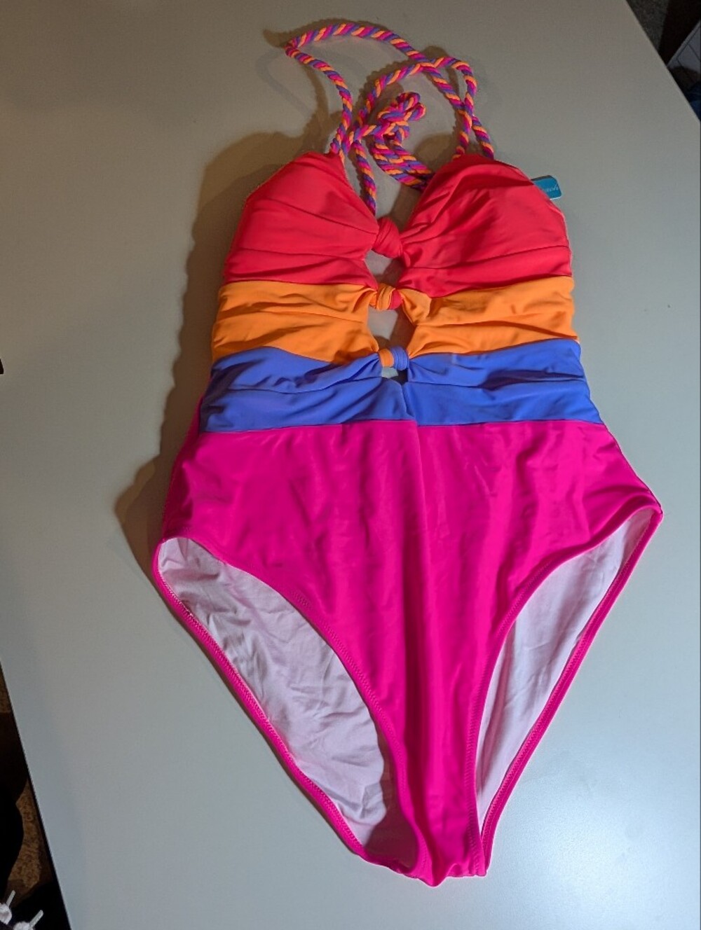 Popvil Girls' XL Colorblock Halter One-Piece Swimsuit - Pink, Orange, Blue NWT